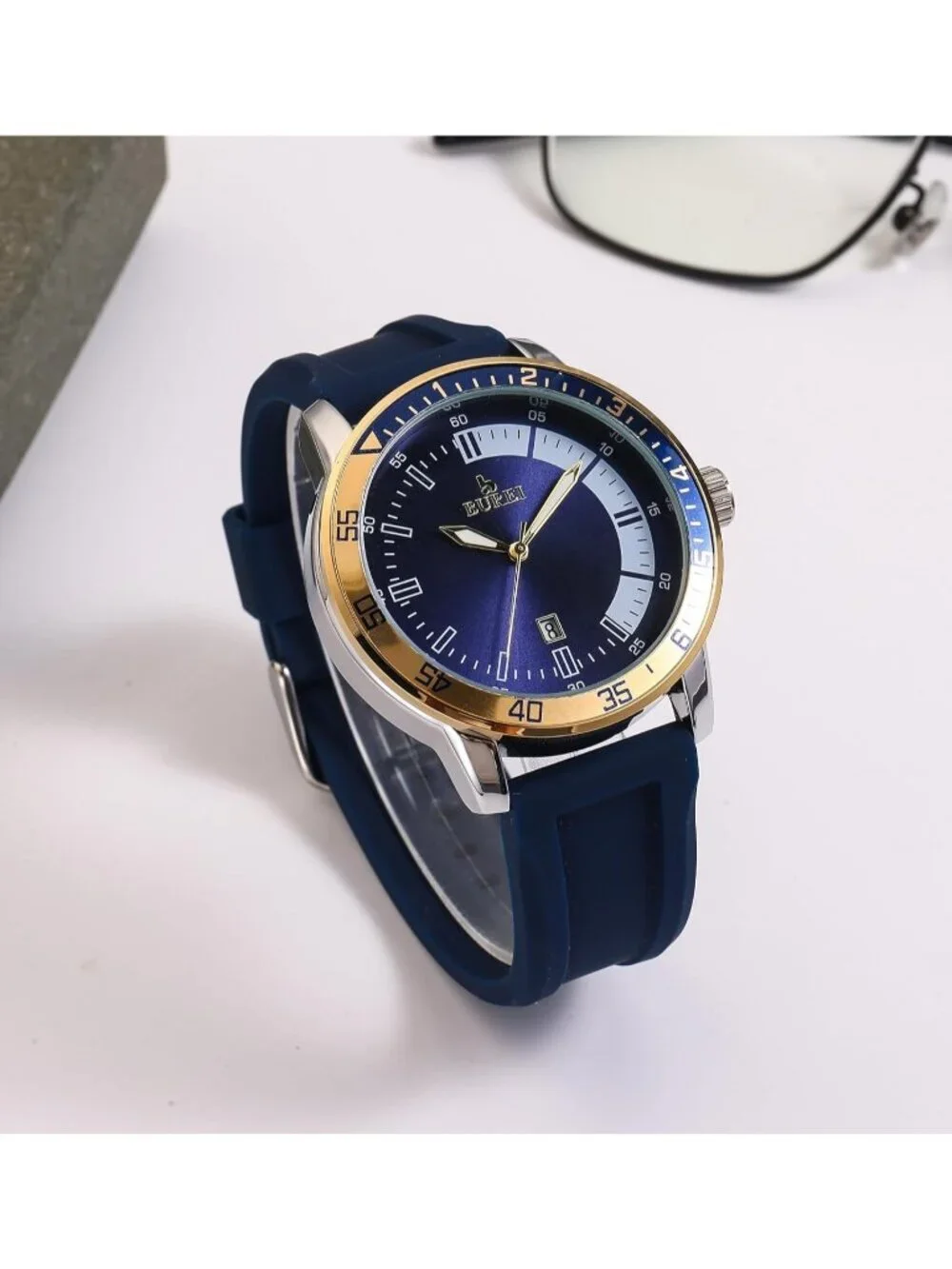 Men's Blue Gold Analog Quartz Silicone Waterproof Geometric Design Classic Watch